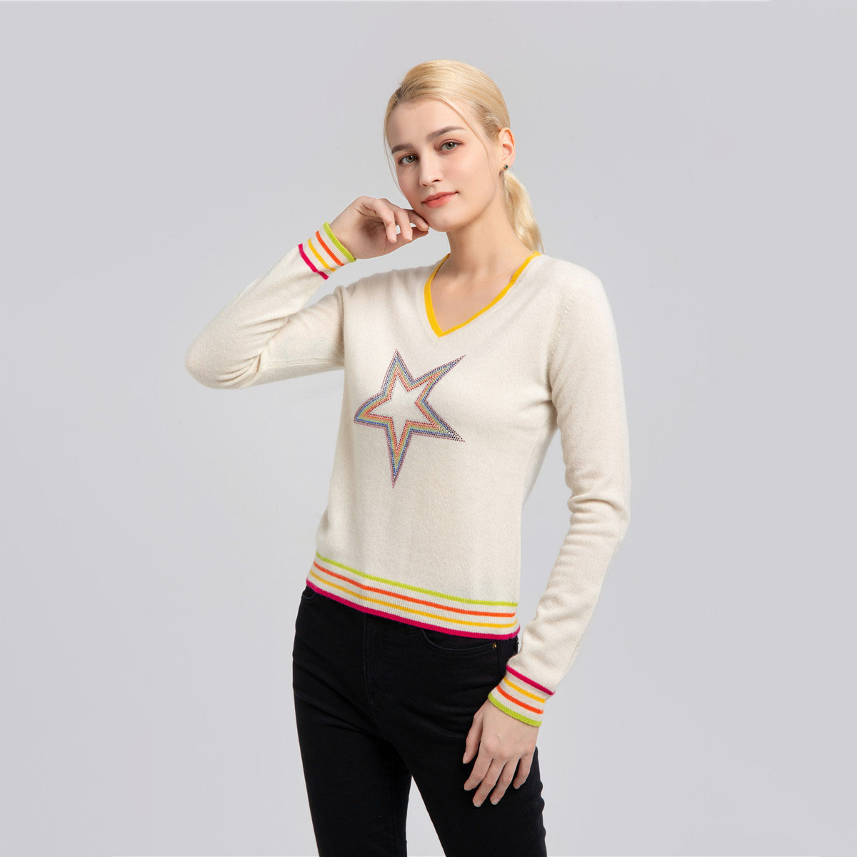 cashmere wool sweater with hot drill